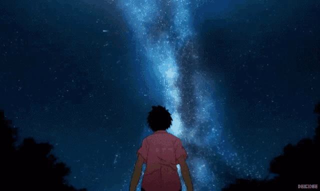 a man in a pink shirt stands in front of a starry night sky with the word hicbee below him