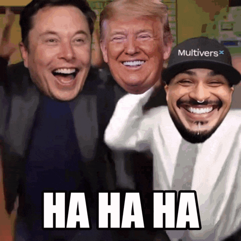 elon musk donald trump and a man wearing a multivers hat are laughing together