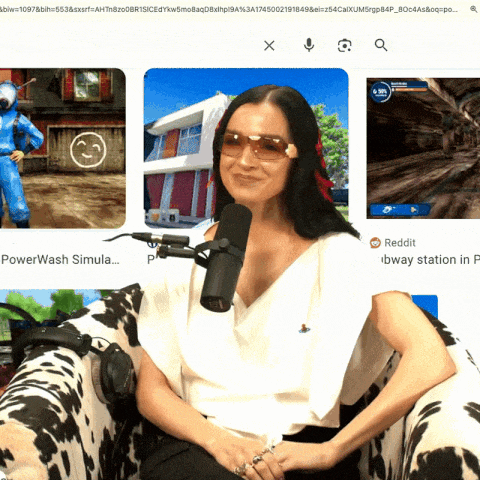 a woman sitting in a chair with a microphone in front of her and the words powerwash simula