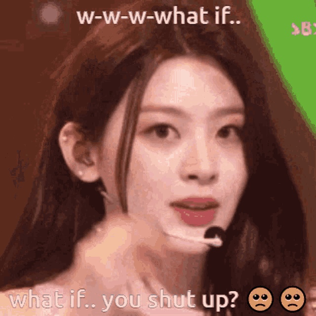 a woman is wearing a microphone and asking what if you shut up