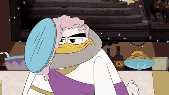 a cartoon character with a beard and a purple robe has a bottle of m & m on the table
