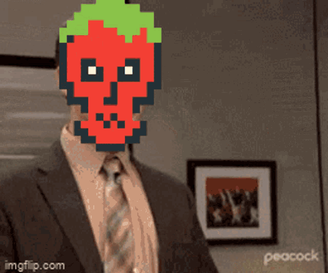 a pixel art of a man in a suit and tie with a strawberry on his face