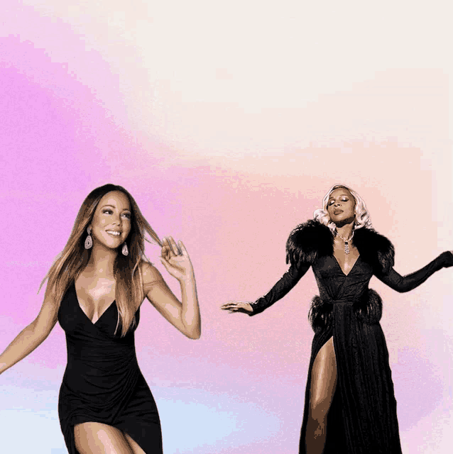 a woman in a black dress is dancing next to another woman in a black dress