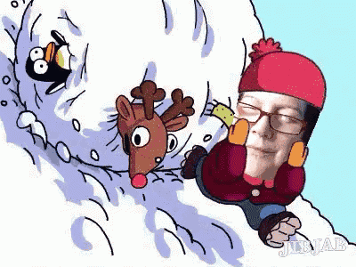 a cartoon of a man laying in the snow with a reindeer and penguin