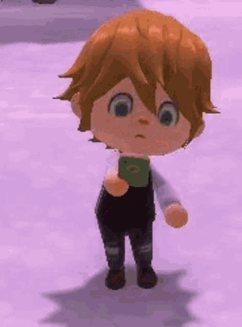 a little boy with brown hair is standing on a purple surface holding a green object .