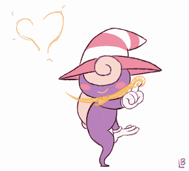 a drawing of a purple and pink cartoon character with a swirly hat