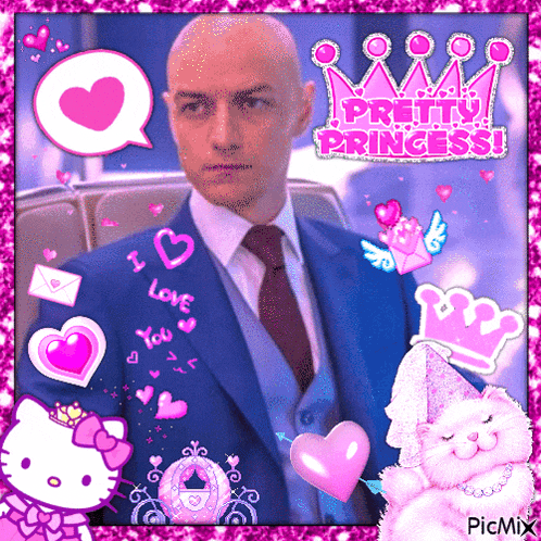 a man in a suit and tie is surrounded by pink hearts and a princess sign