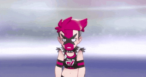 a cartoon character is wearing a pink and black outfit with the letter r on it