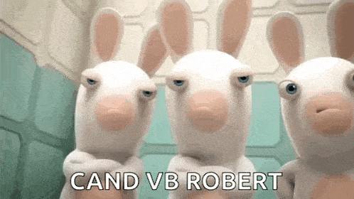 a group of rabbits standing next to each other with their arms crossed and the words `` cand vb robert '' .