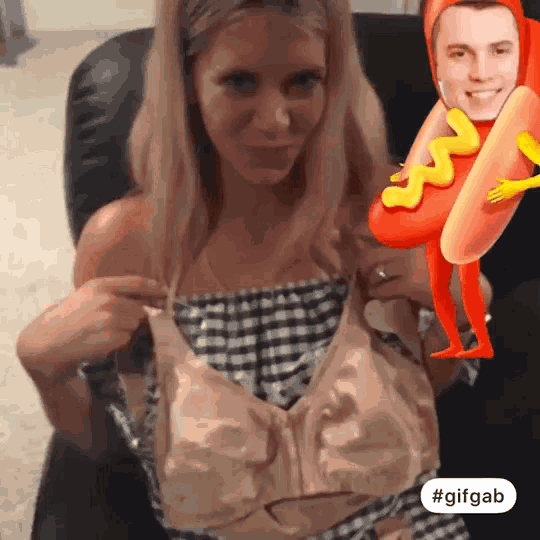 a woman is wearing a bra that looks like a hot dog and mustard