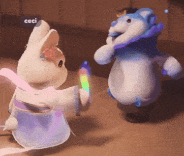 two stuffed animals dancing in front of a sign that says " ceci "