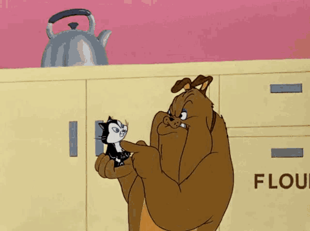 a cartoon dog and a cat are standing next to each other on a kitchen counter .