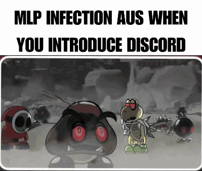 a cartoon with a caption that says mlp infection aus when you introduce discord on it