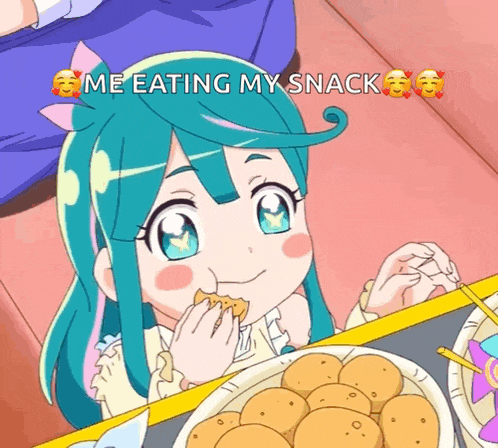 a cartoon girl is sitting at a table with a plate of food and the words " me eating my snack " above her