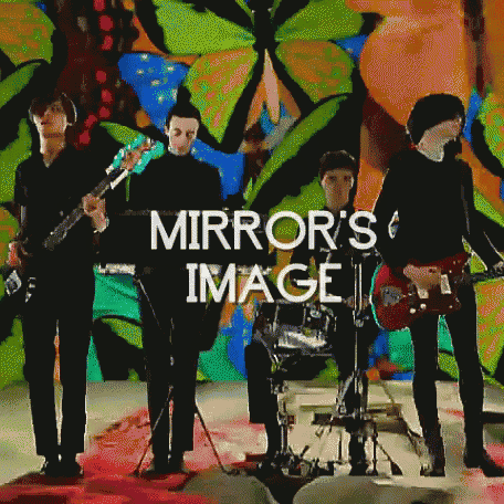 a group of people playing instruments in front of a mirror 's image background