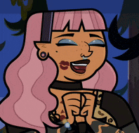 a cartoon girl with pink hair is smiling with a kiss on her lips