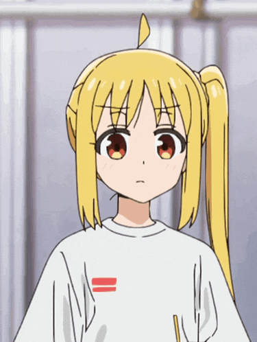a cartoon girl with blonde hair and red eyes is wearing a white shirt with a red stripe on the sleeve