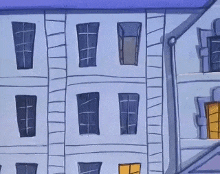 a cartoon drawing of a building with a pink axe on the side of it