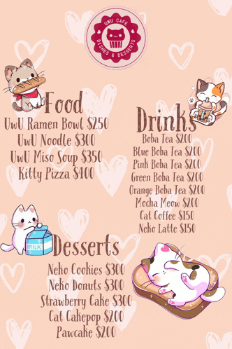 a menu for a restaurant called uwu cafe shows food and drinks