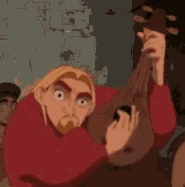 a cartoon character is playing a guitar in a room with other people .