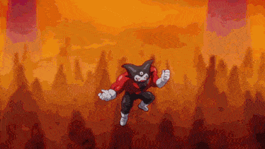 a cartoon character in a red and black outfit is flying through a red and orange background