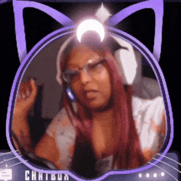 a woman wearing headphones and glasses is in a cat shaped frame with the name chiigun on it