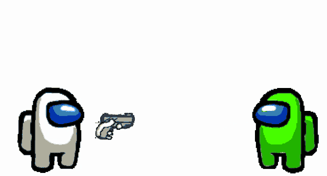 a white among us character shoots a gun at a green among us character