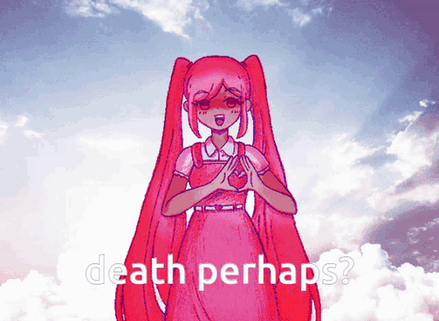 a drawing of a girl with red hair and the words death perhaps