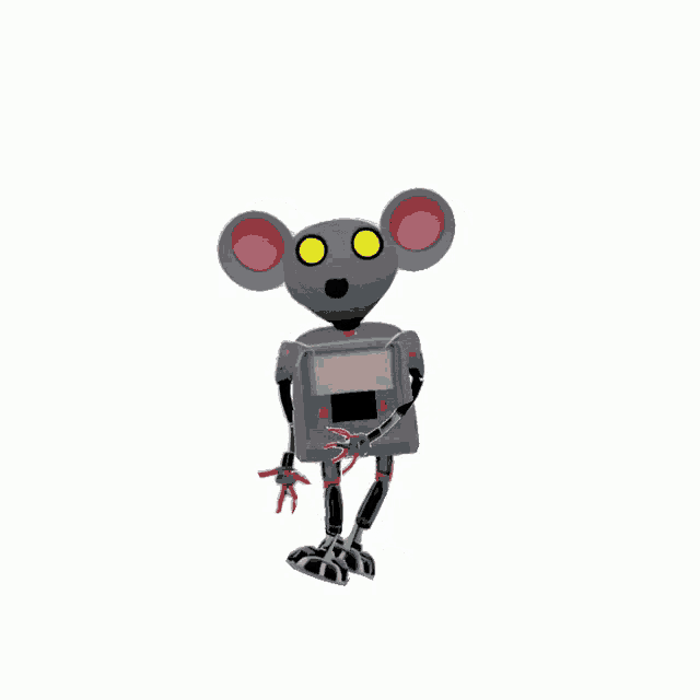 a robotic mouse with yellow eyes and red claws is standing on a white background .