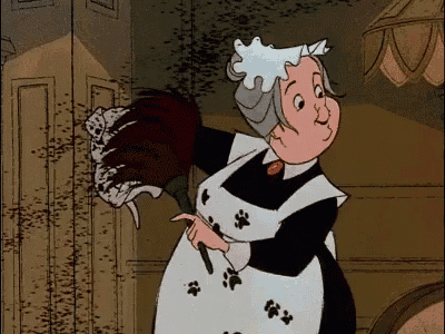a cartoon drawing of a maid holding a duster