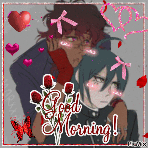 a picture of two anime characters with the words good morning written on the bottom