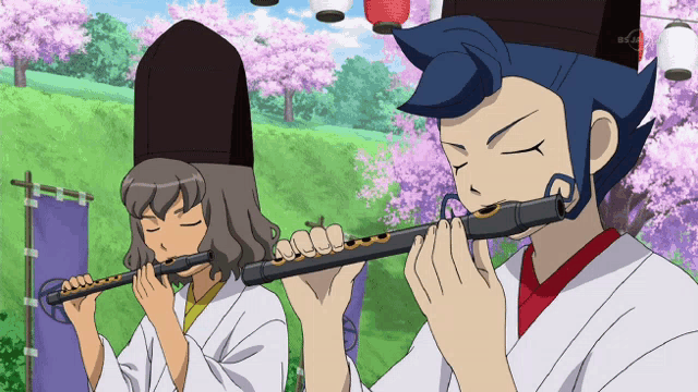 two cartoon characters are playing flutes in front of cherry blossoms