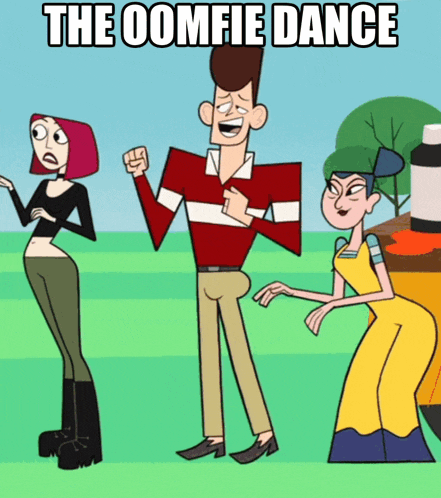a group of cartoon characters standing next to each other with the caption the oomfie dance