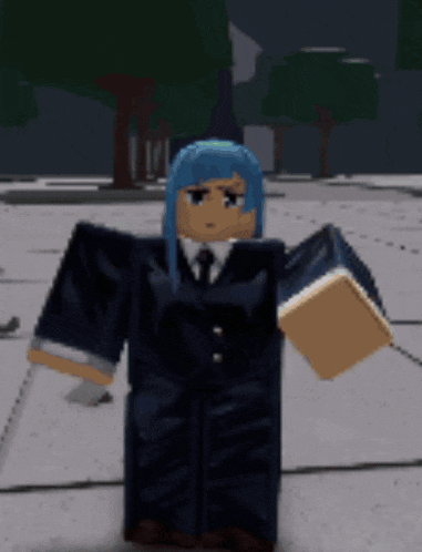 a cartoon character with blue hair is wearing a suit and tie