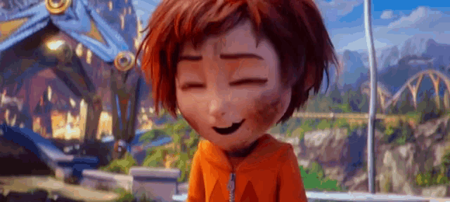 a cartoon character with red hair is smiling with his eyes closed