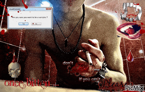 a man is smoking a cigarette in front of a warning screen