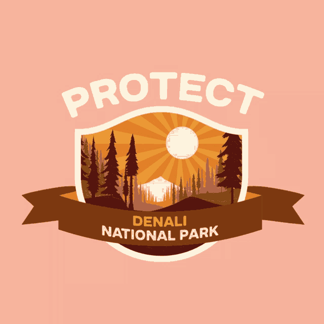 a logo for denali national park with a shield and trees on a pink background