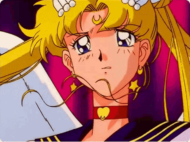 a close up of a cartoon character wearing a heart shaped choker and earrings .