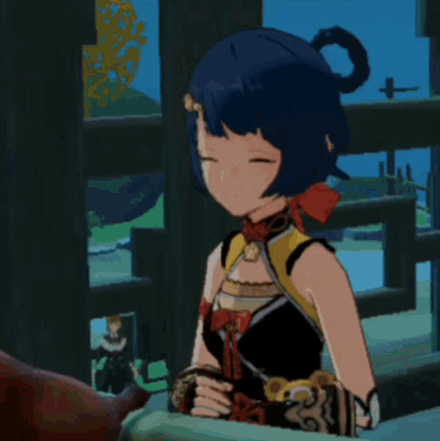 a girl with blue hair and yellow eyes is standing in a room