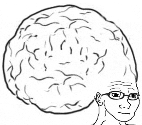 a black and white drawing of a man with glasses and a large brain behind him .