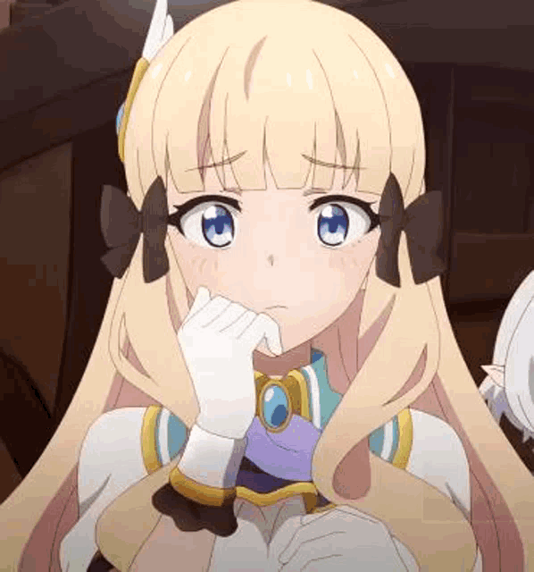 a blonde anime girl with blue eyes and white gloves is covering her mouth with her hand .