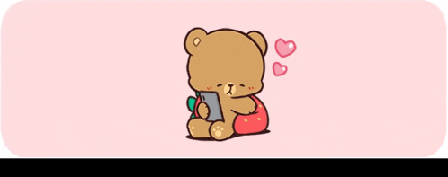 a cartoon of a teddy bear laying on a strawberry pillow with hearts above it