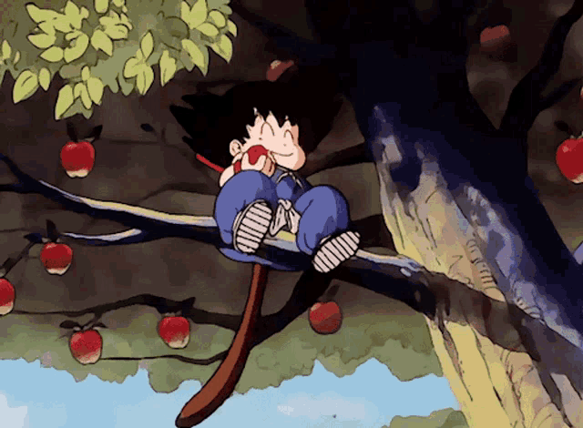 a cartoon character is sitting on a tree branch eating apples