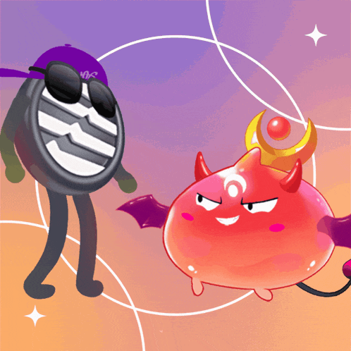 a cartoon character wearing a purple hat and sunglasses stands next to a devil with horns