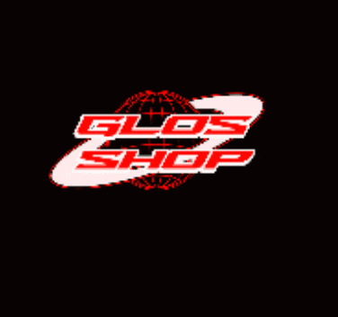 a glos shop logo that is red and white