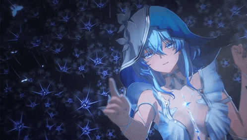 a girl with blue hair and a white dress is standing in front of a blue background
