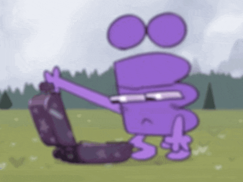 a purple cartoon character is holding a suitcase in a field