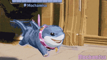 a shark with a pink collar is being animated in a video game by mochamisu