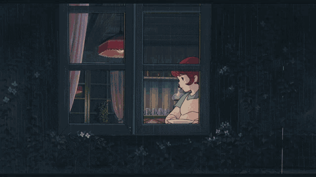 a cartoon of a woman looking out a window