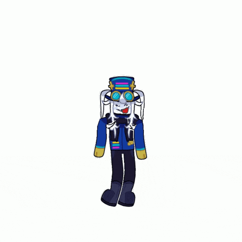 a cartoon character in a top hat and goggles is standing with his arms outstretched on a white background .